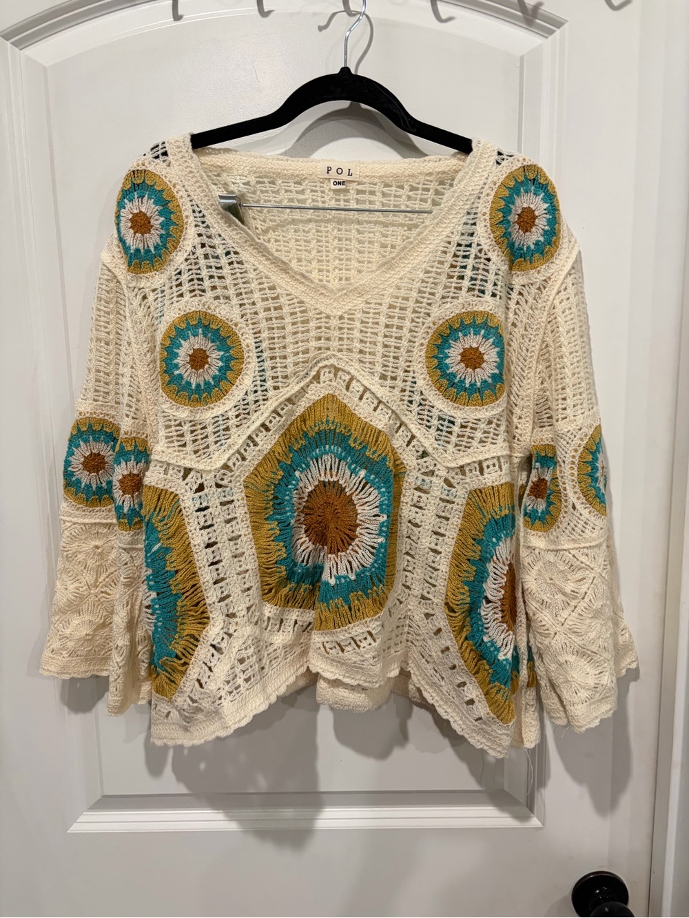 POL Crochet Open-Knit V-Neck Top in Cream with Teal & Mustard Motifs